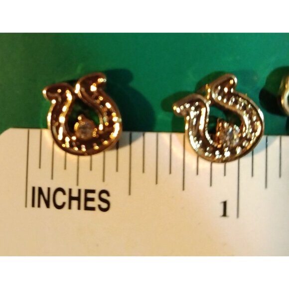 Gold Tone Horseshoe Earrings Crystal Irish Luck St Patricks day - Picture 2 of 2